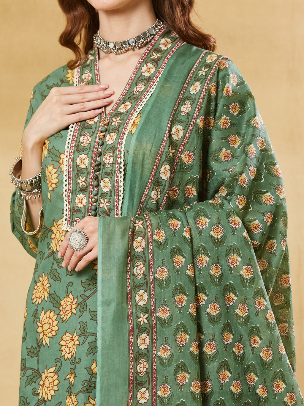 Divena Green A-Line Cotton Kurta Pant Set With Dupatta