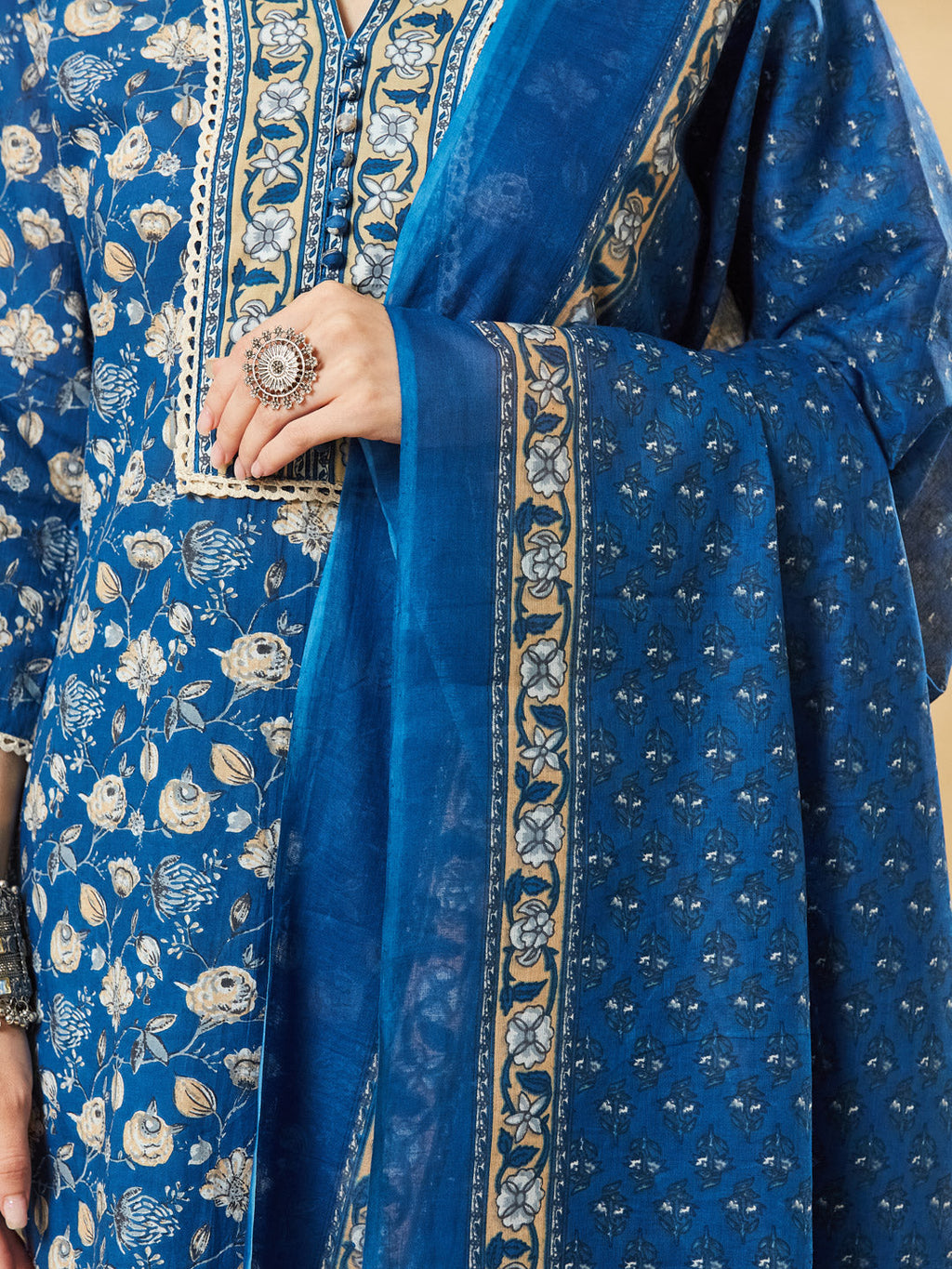 Divena Blue A-Line Cotton Kurta Pant Set With Dupatta