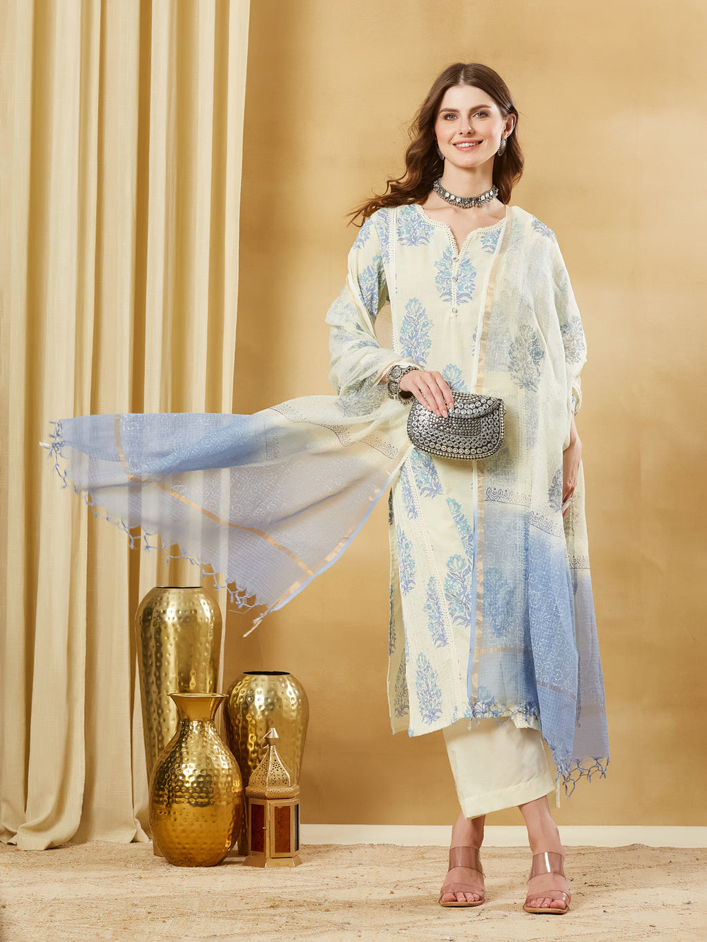 Divena Blue Cotton Zari work Kurta Pant Set With Dupatta