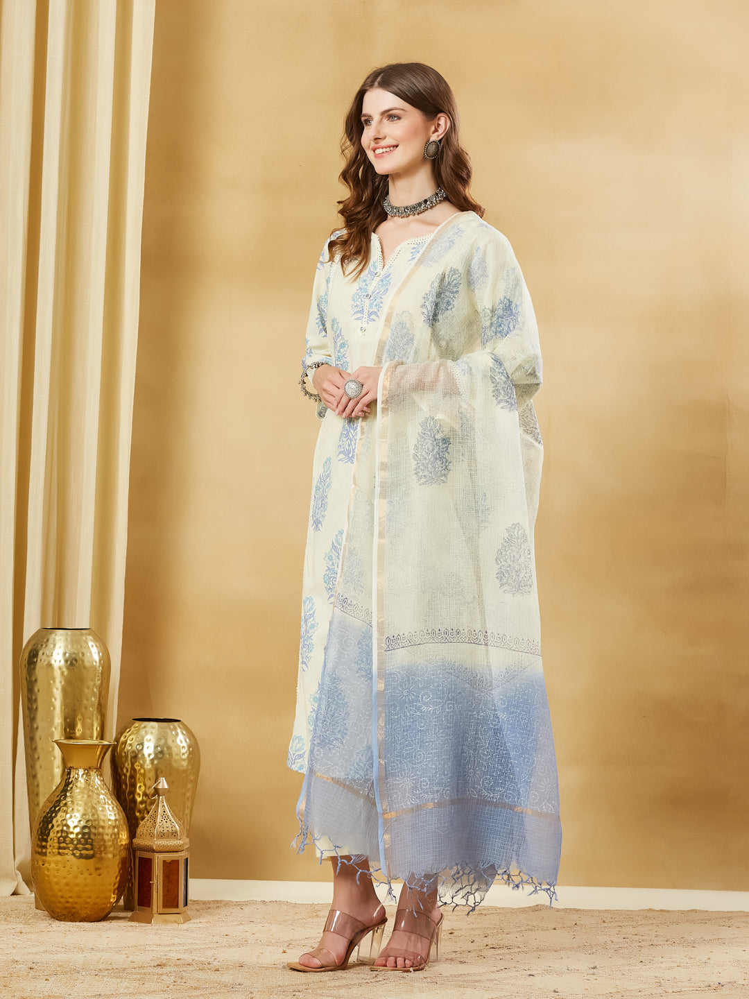Divena Blue Cotton Zari work Kurta Pant Set With Dupatta