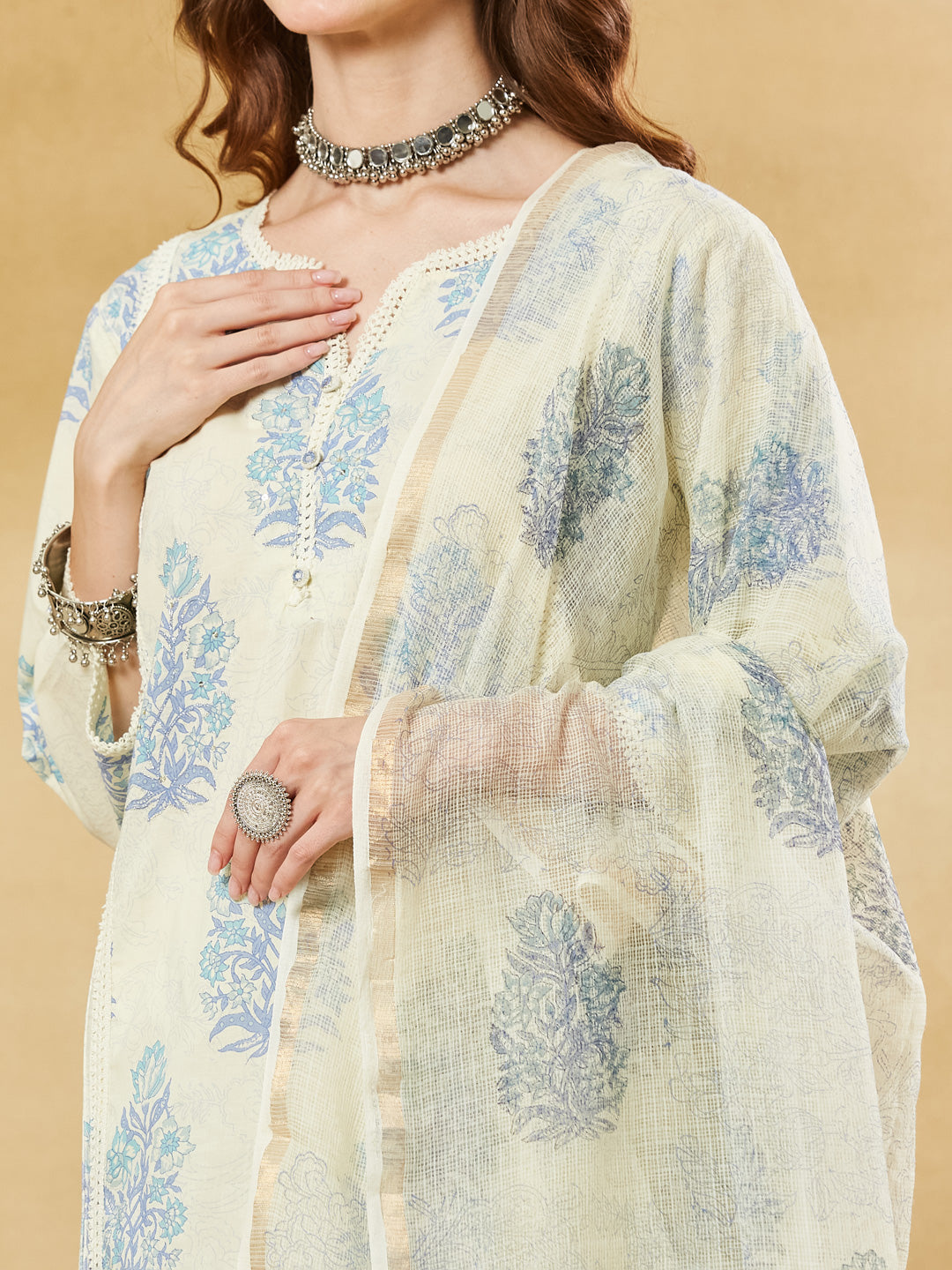 Divena Blue Cotton Zari work Kurta Pant Set With Dupatta