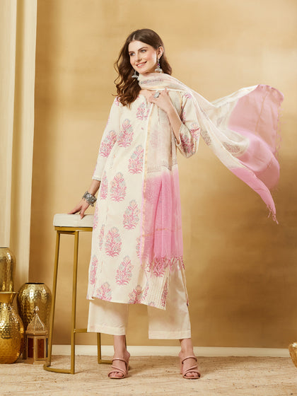 Divena Pink Cotton Zari Work Kurta Pant Set With Dupatta