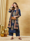 Divena Blue Ajrakh Print with Mirror Work Cotton Kurta Set With Dupatta