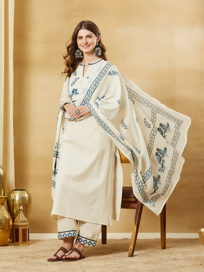 Divena Off White Blue Embroidary Cotton Kurta Pant Set