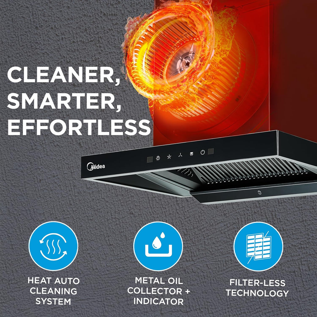 Midea 60 cm 1400 m3/hr Filter-less, Autoclean, Motion Sensor, T Shape kitchen Chimney (Falcon Auto Clean), Black MCHT-600T(IN)