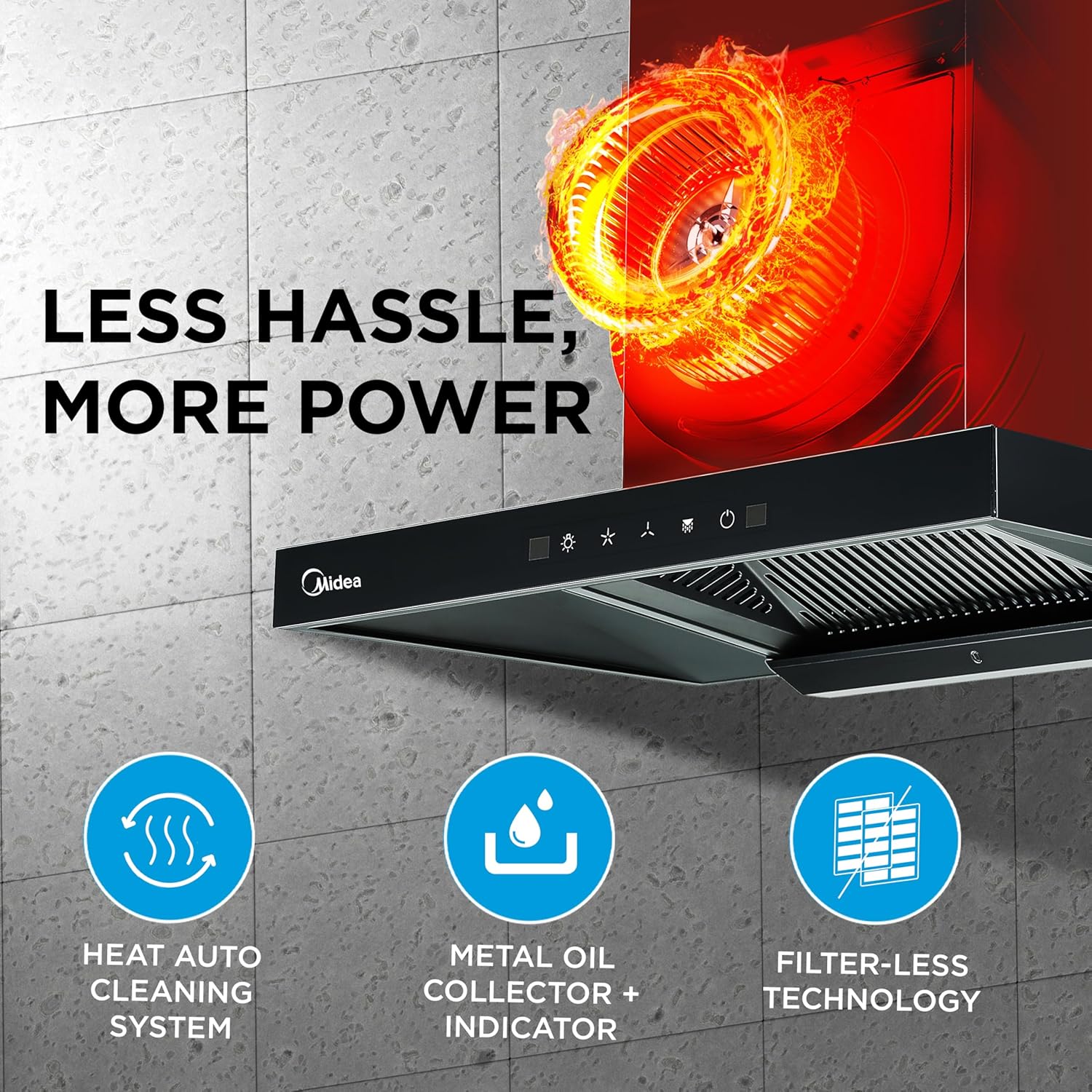 Midea 75 cm 1400 m3/hr Filter-less, Autoclean, Motion Sensor, T Shape kitchen Chimney (Falcon Auto Clean), Black MCHT-750T(IN)
