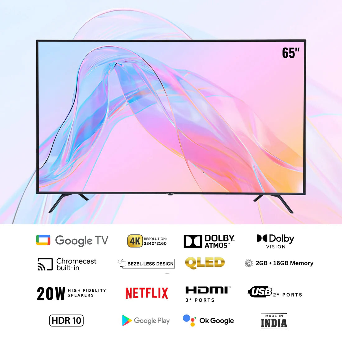 SALORA 164 CM (65 INCHES) 4K ULTRA HD SMART QLED GOOGLE TV, SLV-3655 QGTV (BLACK)