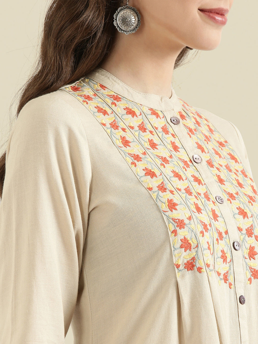 Floral Vine Embroidered Yoke A-Line Long Kurta