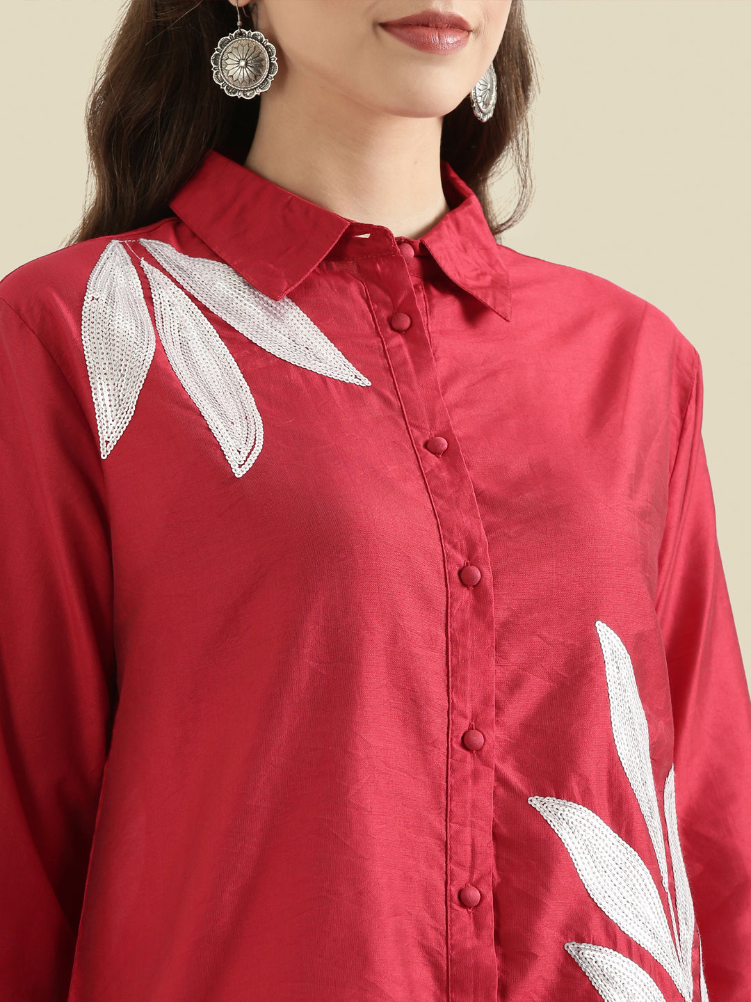 Viscose Sequin Embroidery Classic Collar Blouse