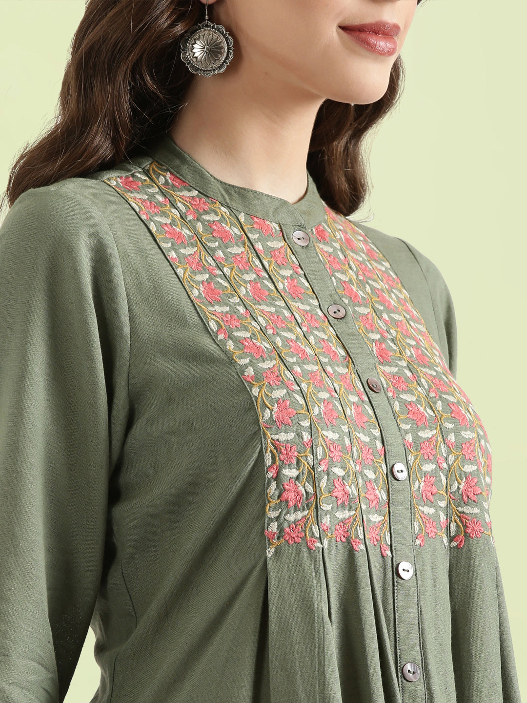 Floral Vine Embroidered Yoke A-Line Long Kurta