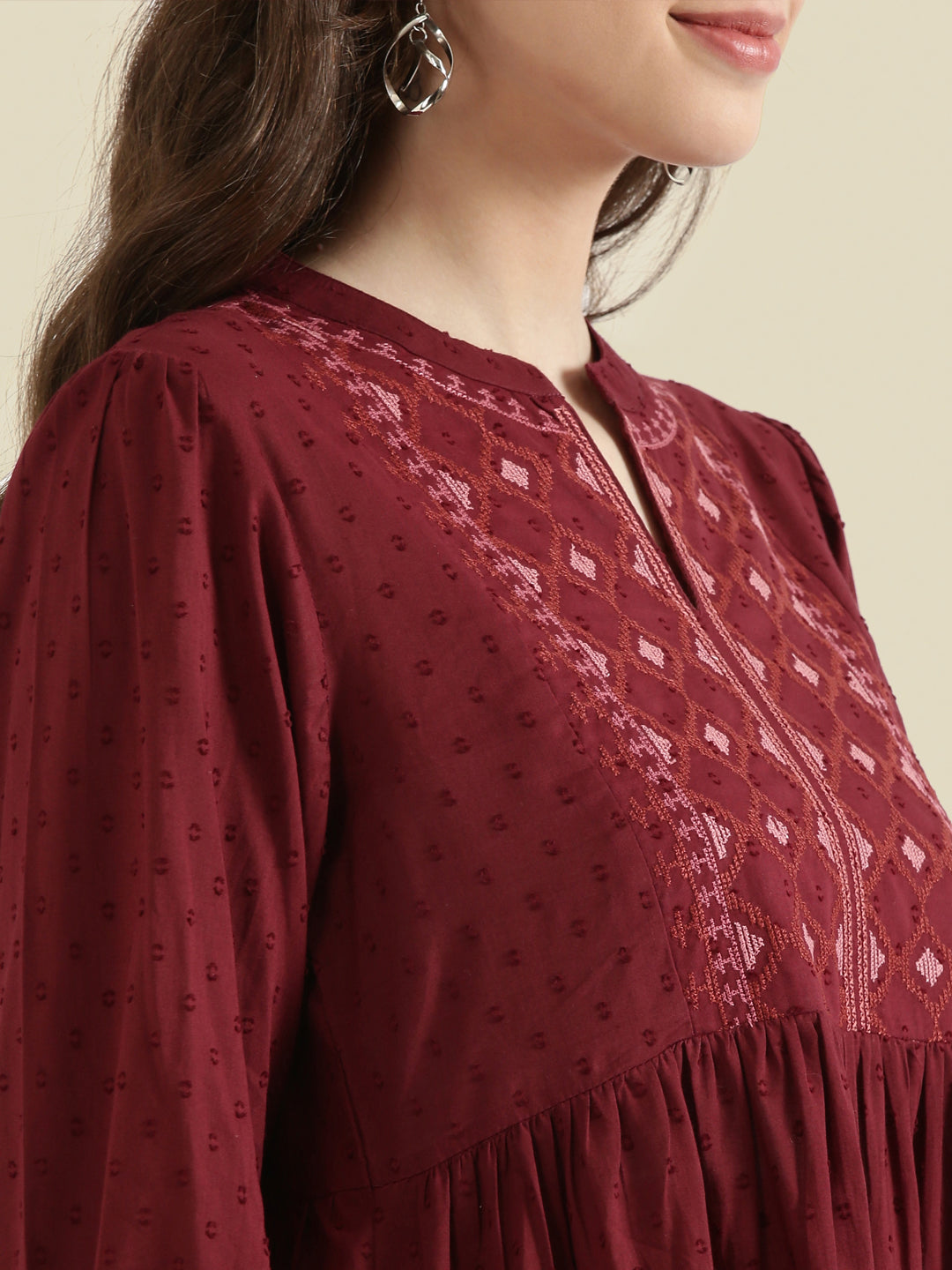 Cotton Dobby Geometric Embroidered Yoke Gathered Midi Dress
