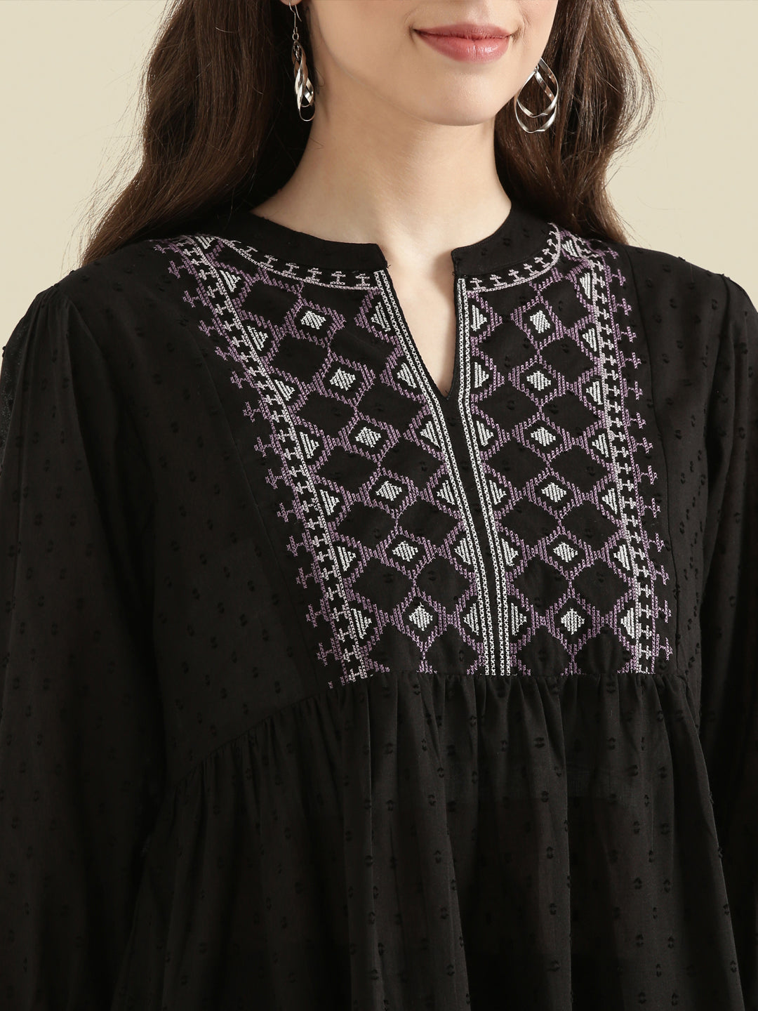 Cotton Dobby Geometric Embroidered Yoke Gathered Midi Dress