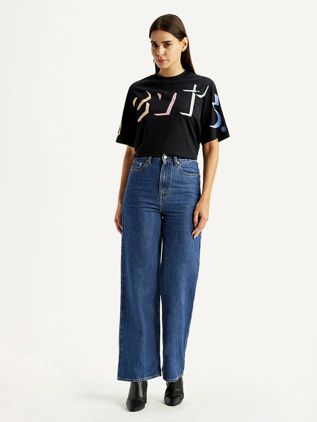 Women's Med Indigo Loose Fit High Rise  Jeans