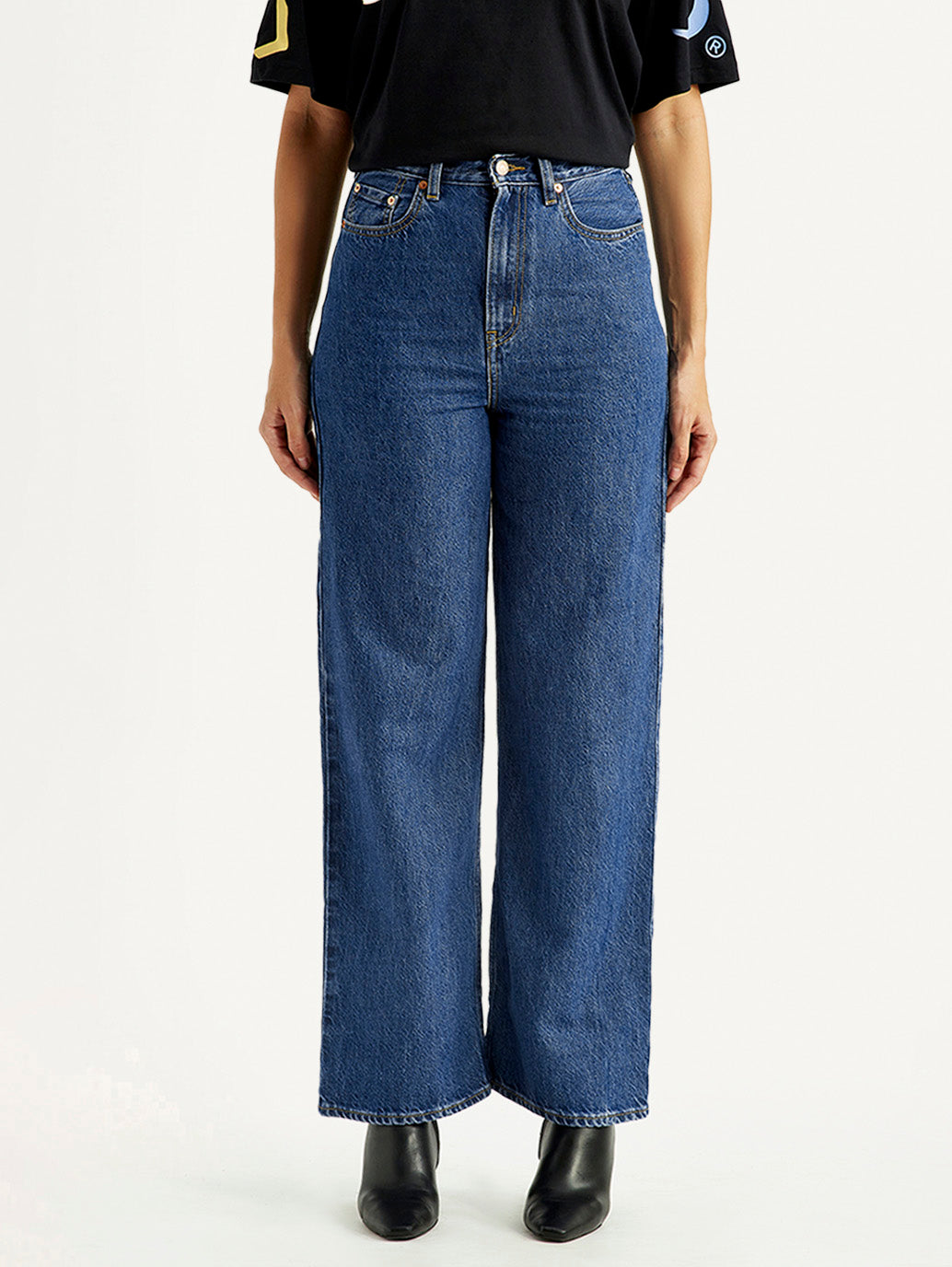 Women's Med Indigo Loose Fit High Rise  Jeans
