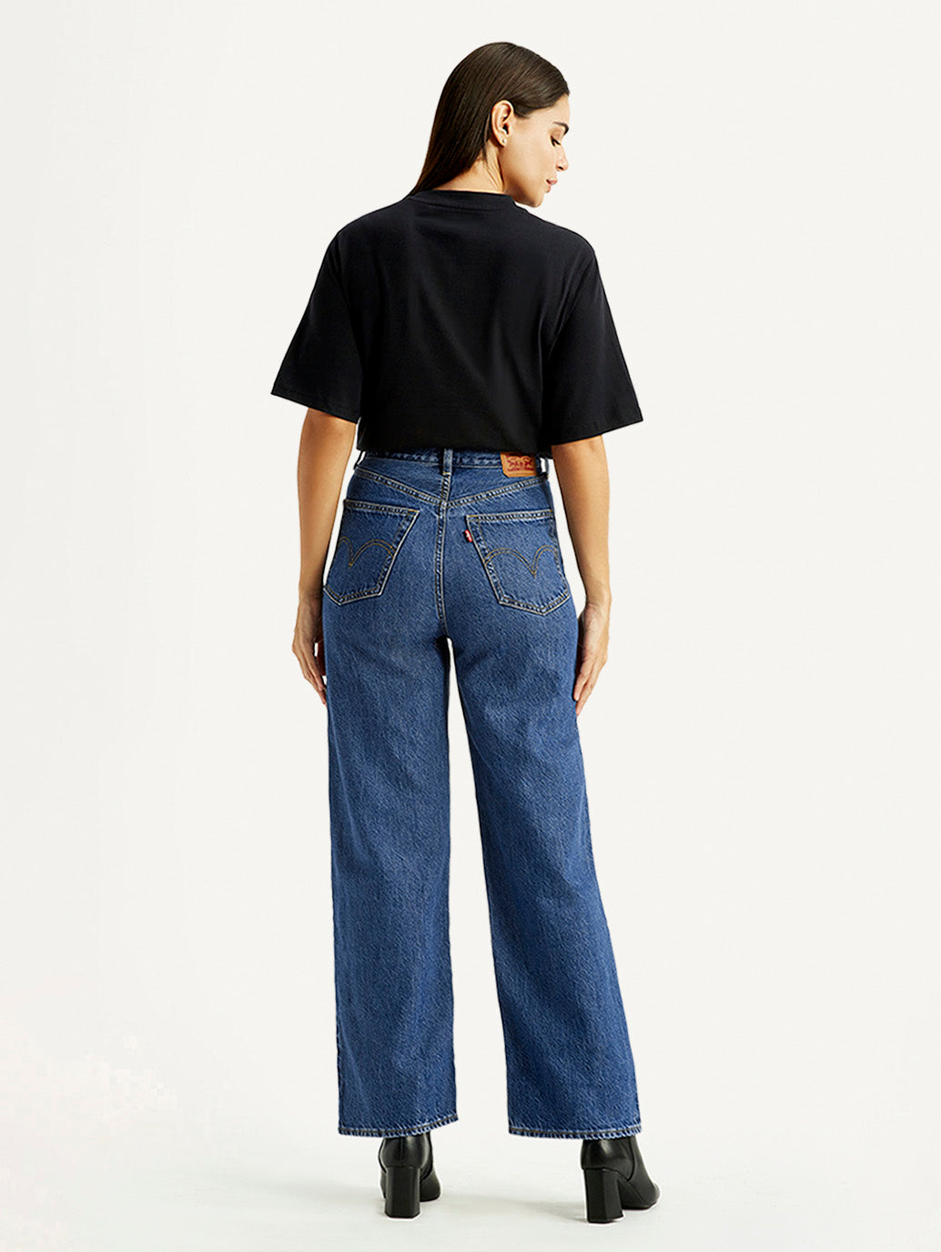 Women's Med Indigo Loose Fit High Rise  Jeans