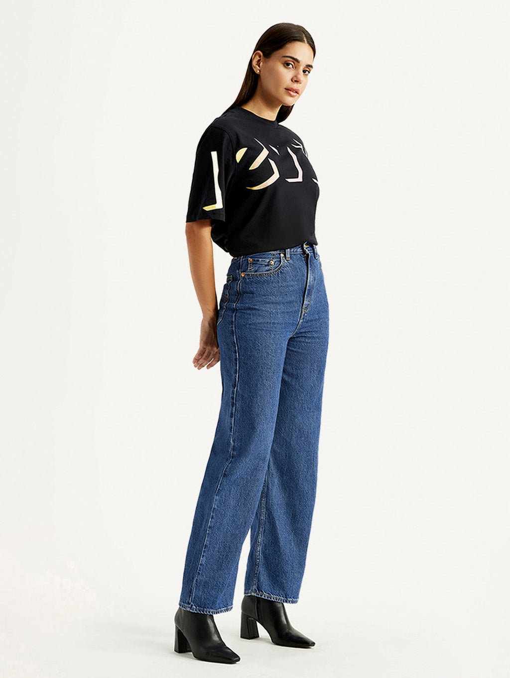 Women's Med Indigo Loose Fit High Rise  Jeans