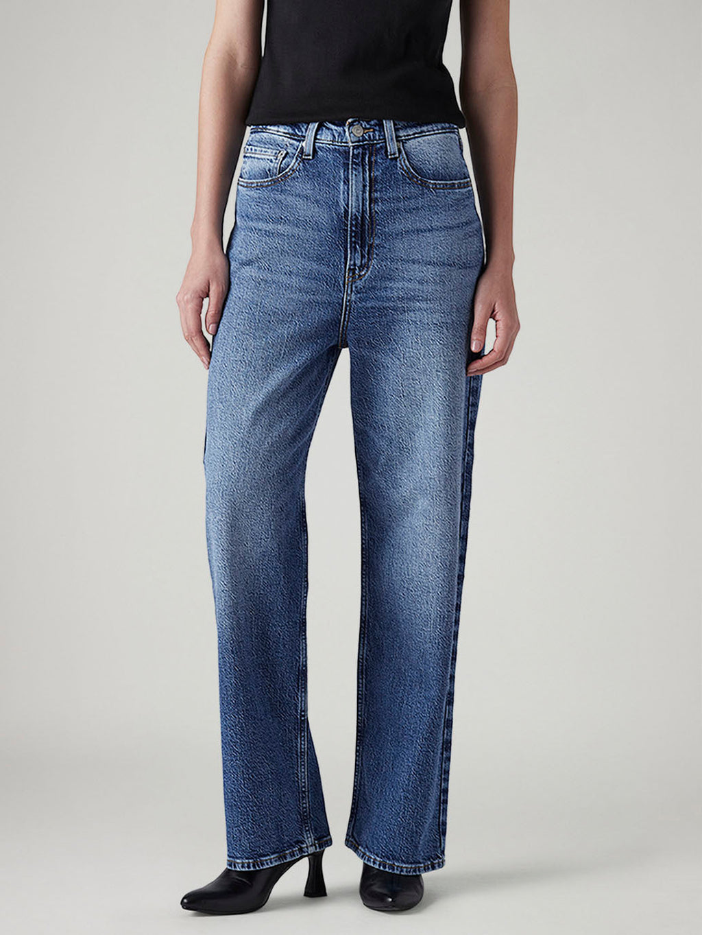 Women's Med Indigo Loose Fit High Rise Jeans