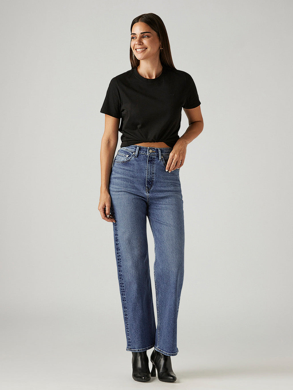 Women's Med Indigo Loose Fit High Rise Jeans