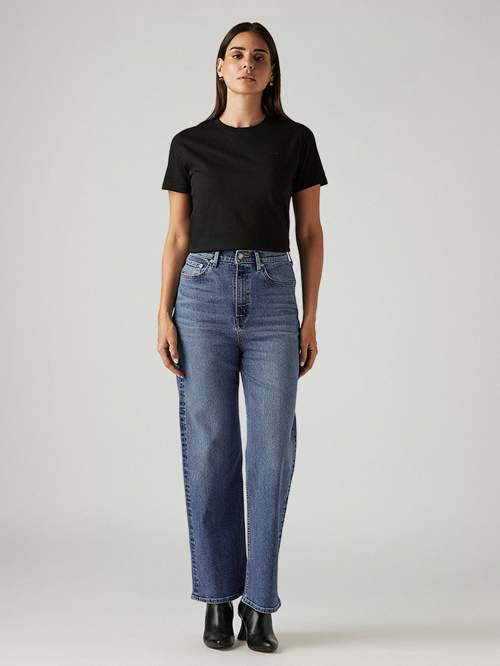 Women's Med Indigo Loose Fit High Rise Jeans