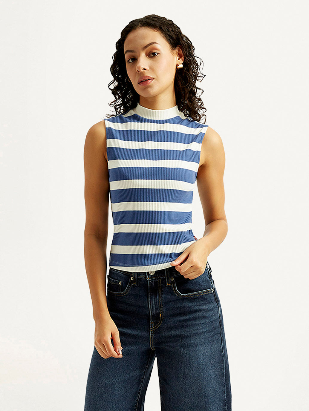 Women's Striped Blue Collar Neck Top
