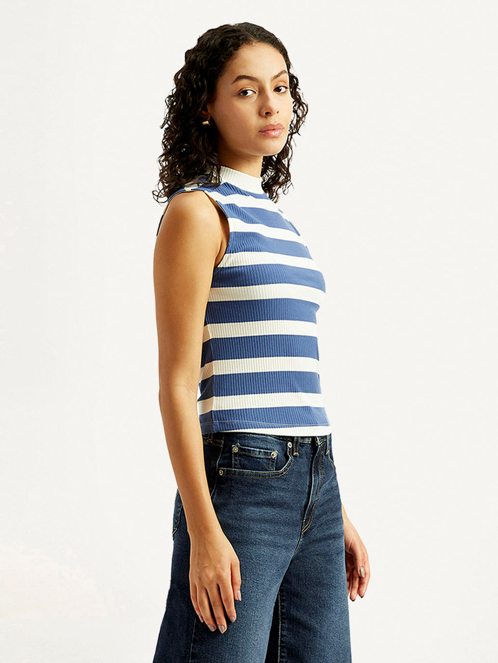 Women's Striped Blue Collar Neck Top