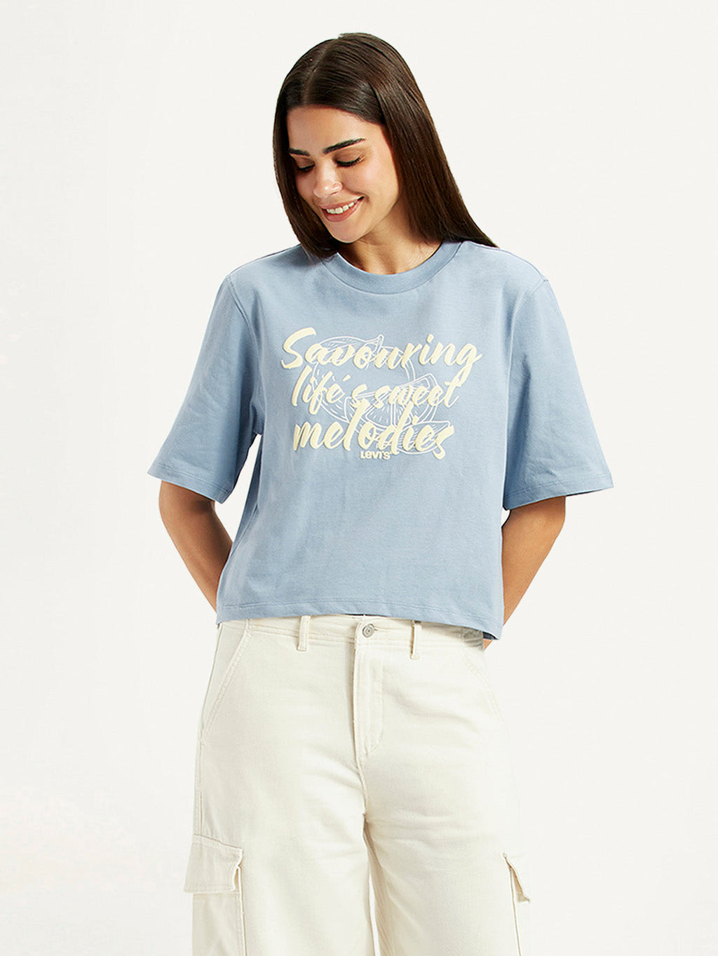 Women's Typographic Print Light Blue Relaxed Fit T-shirt