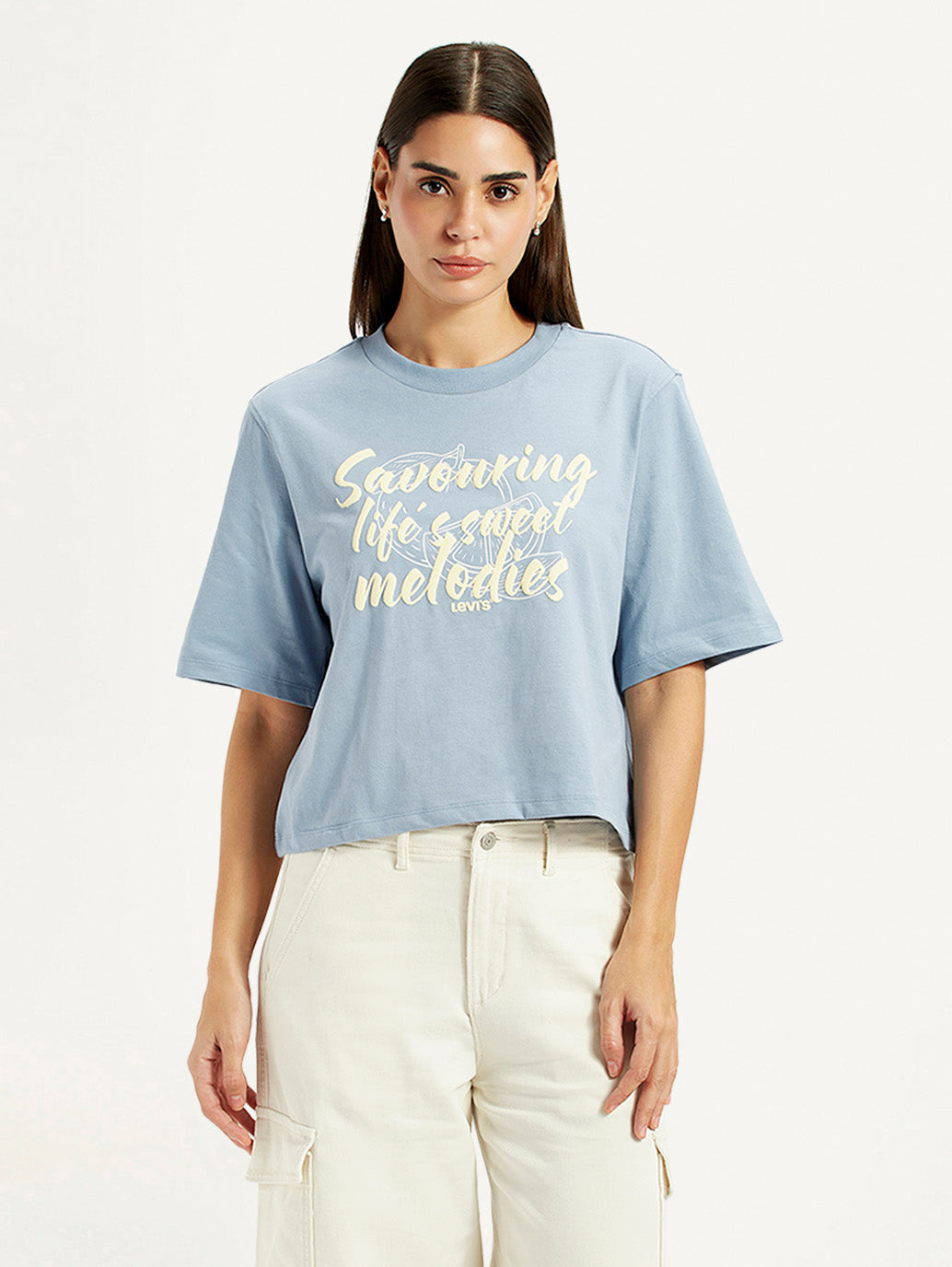 Women's Typographic Print Light Blue Relaxed Fit T-shirt