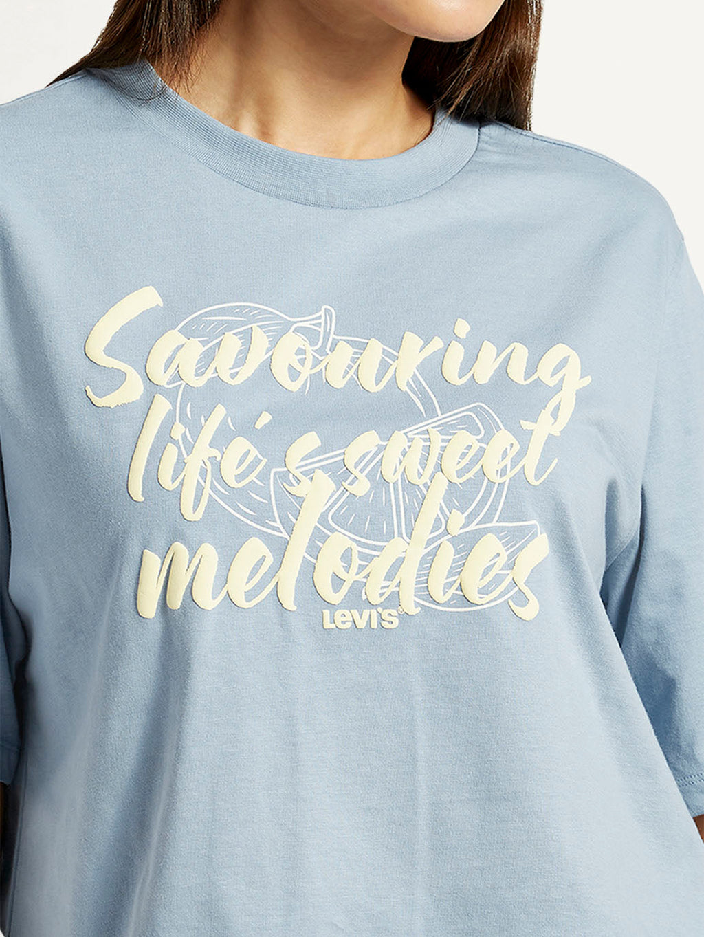 Women's Typographic Print Light Blue Relaxed Fit T-shirt