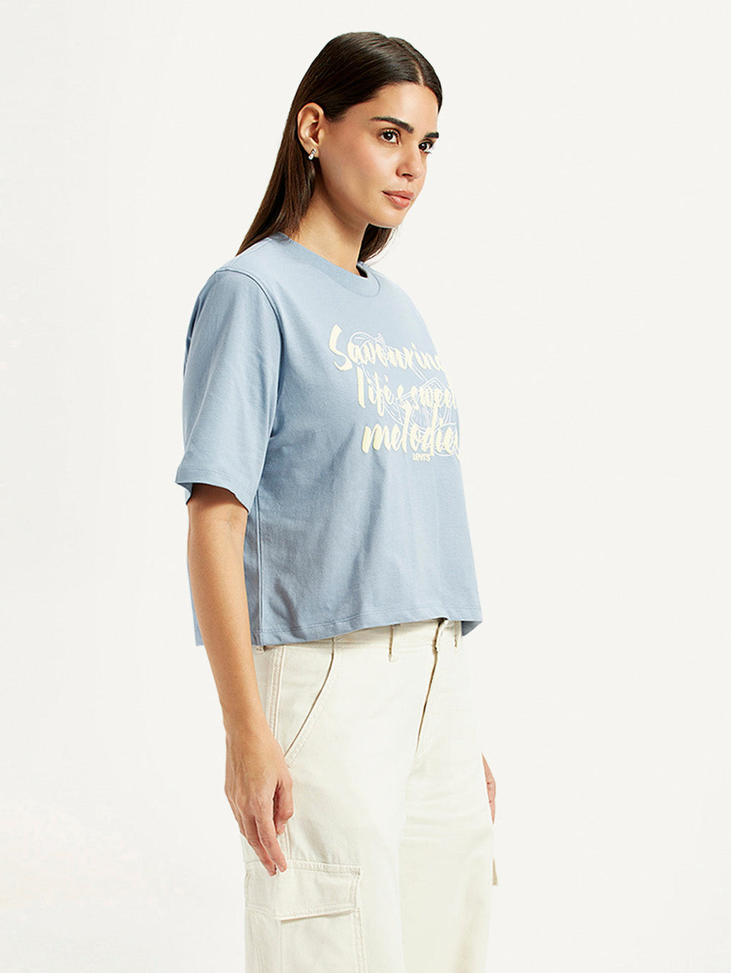Women's Typographic Print Light Blue Relaxed Fit T-shirt