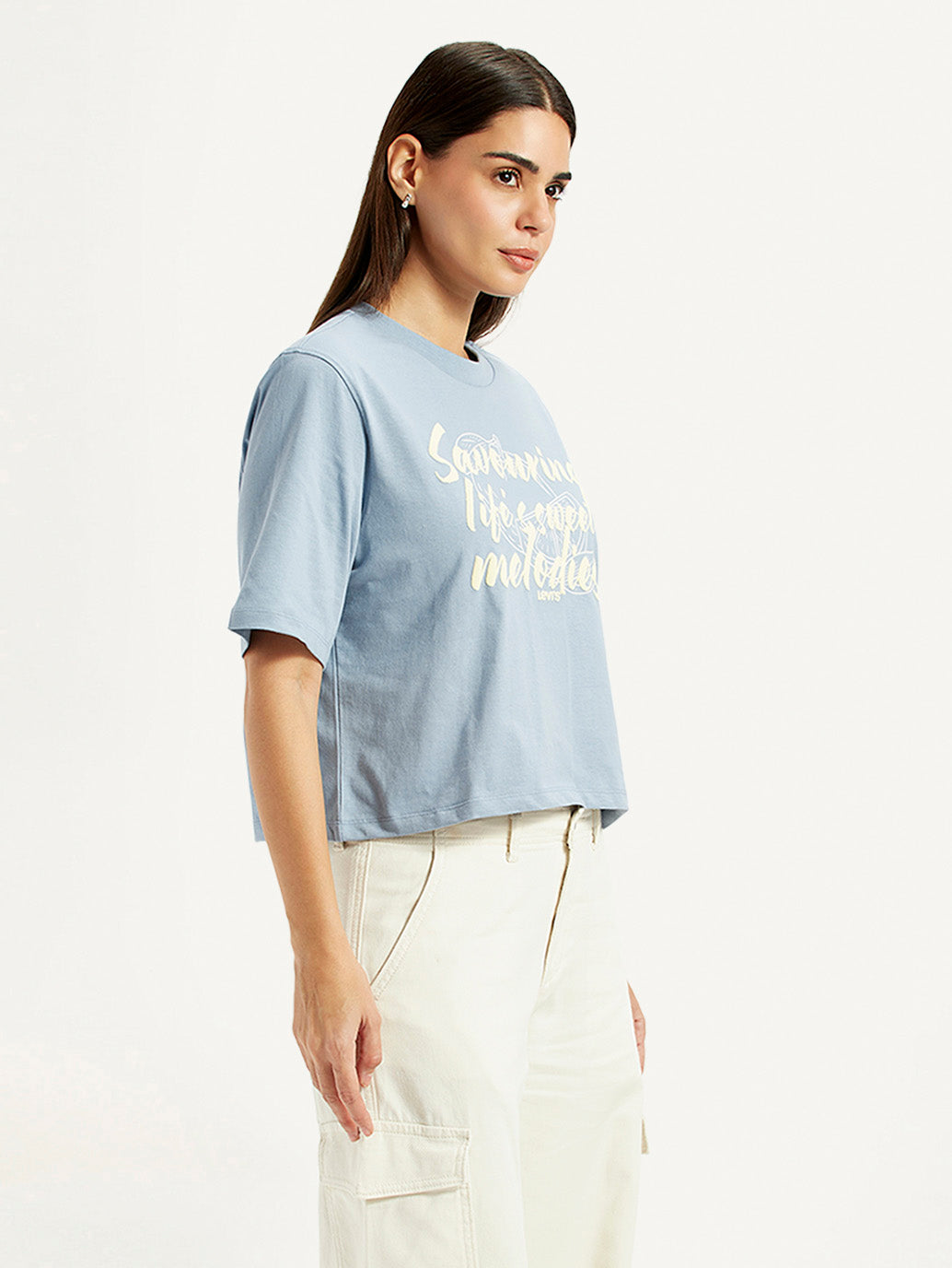 Women's Typographic Print Light Blue Relaxed Fit T-shirt