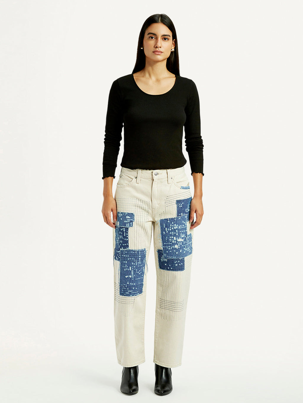 Women's Cream Baggy Fit Mid Rise Jeans