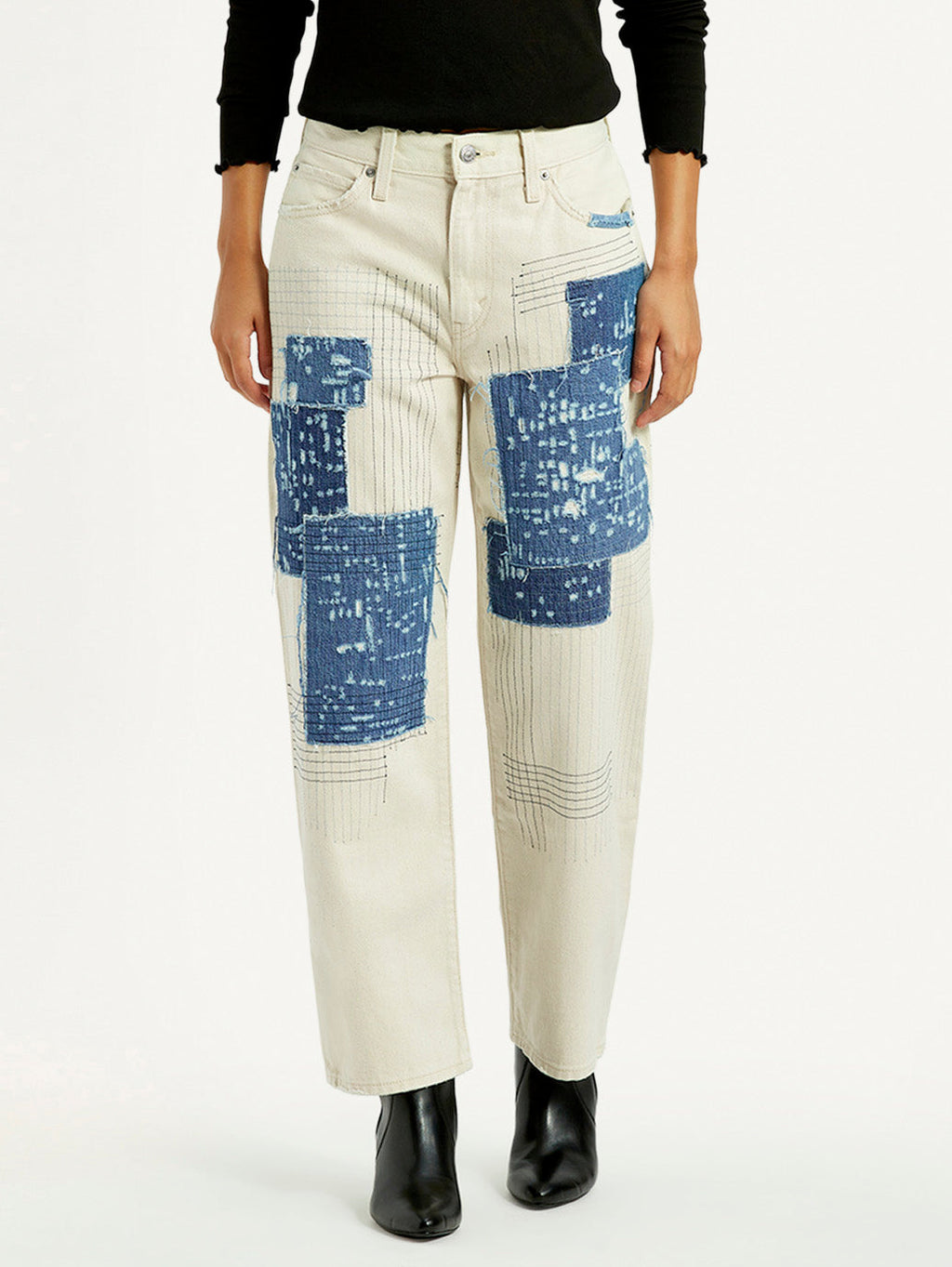 Women's Cream Baggy Fit Mid Rise Jeans