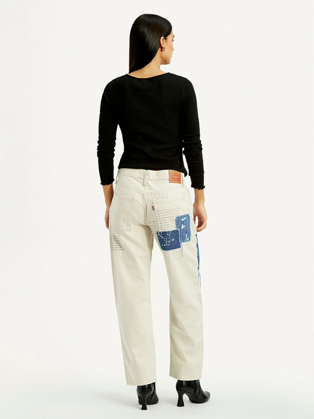 Women's Cream Baggy Fit Mid Rise Jeans