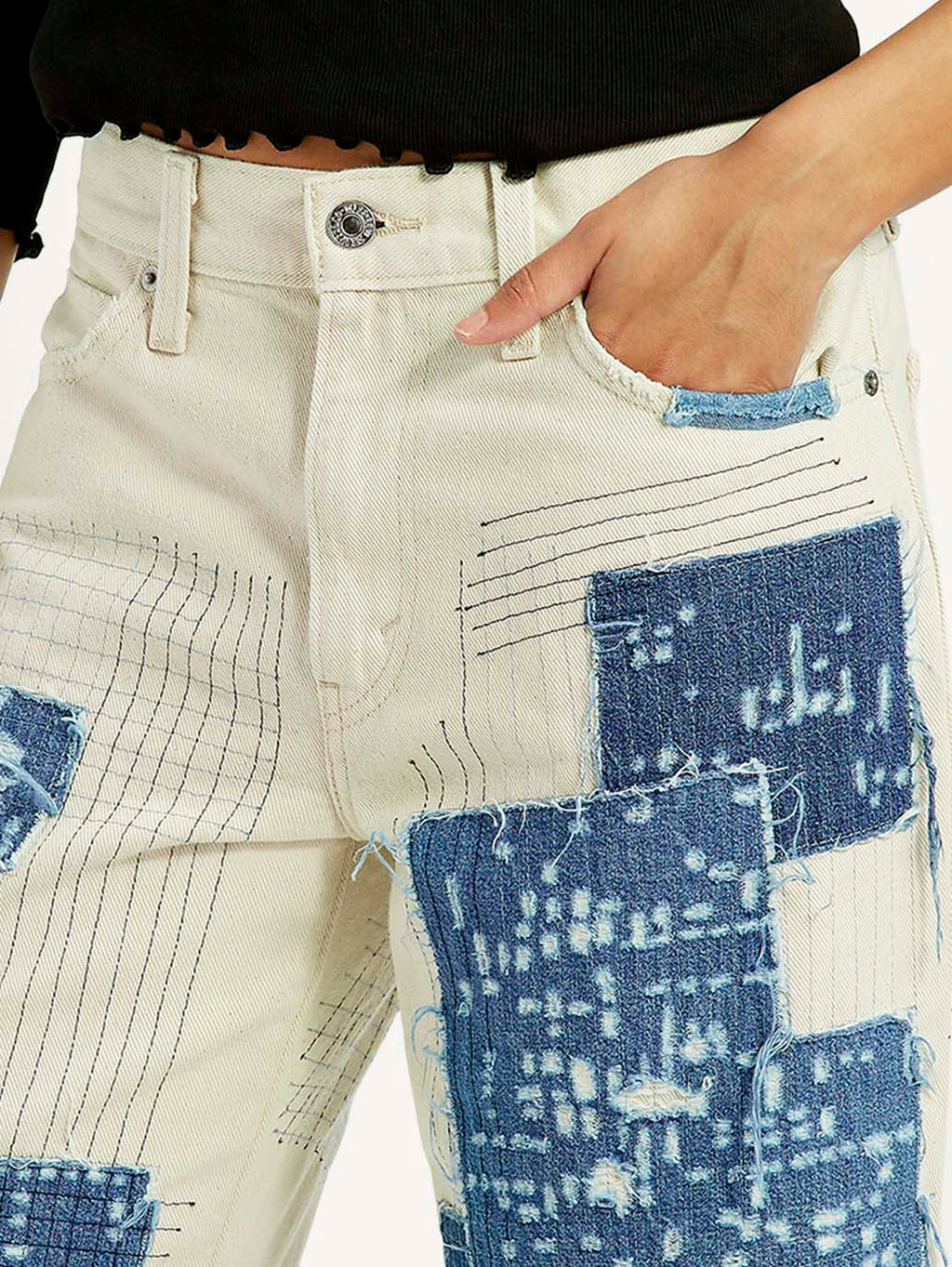 Women's Cream Baggy Fit Mid Rise Jeans