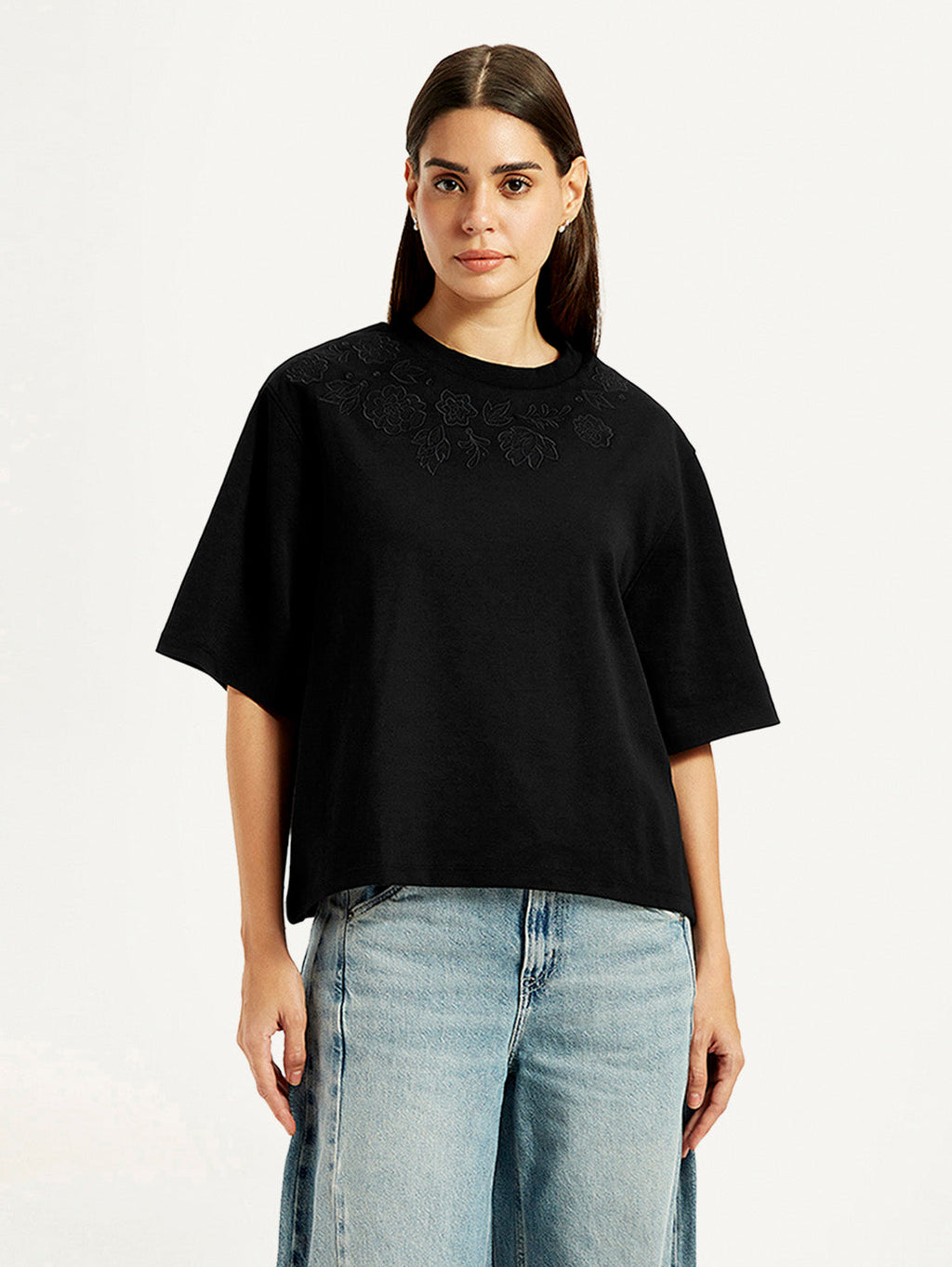 Women's Embroidered Black Relaxed Fit T-shirt
