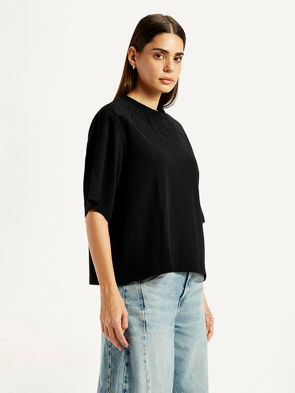Women's Embroidered Black Relaxed Fit T-shirt