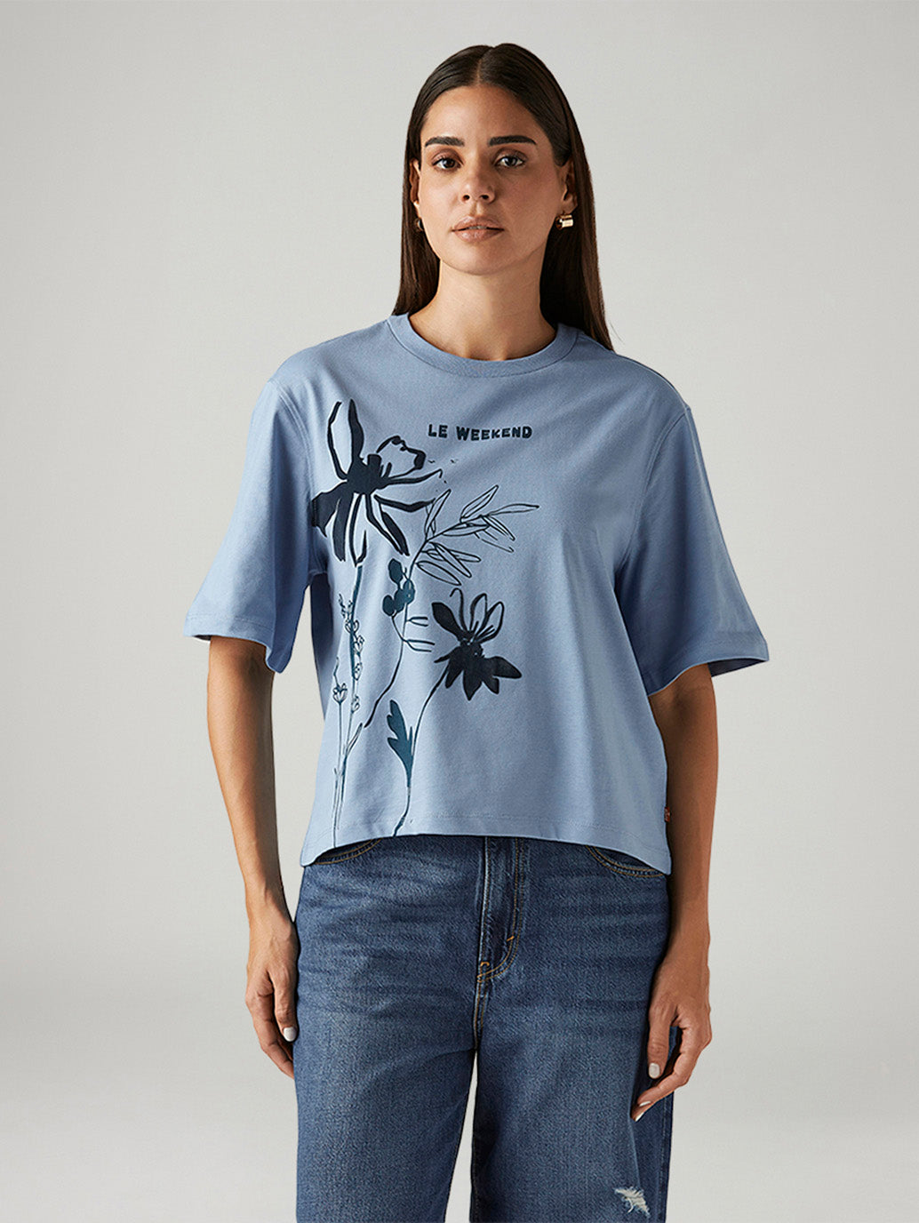 Women's Floral Light Blue Relaxed Fit T-shirt