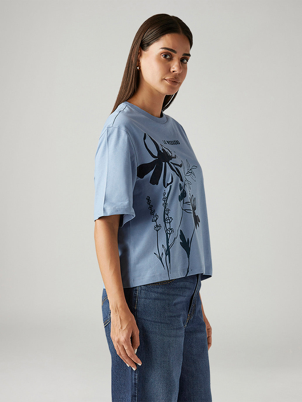 Women's Floral Light Blue Relaxed Fit T-shirt