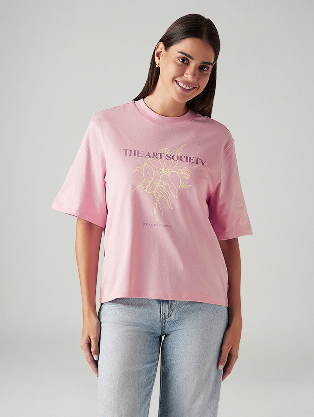 Women's Graphic Print Pink Relaxed Fit T-shirt