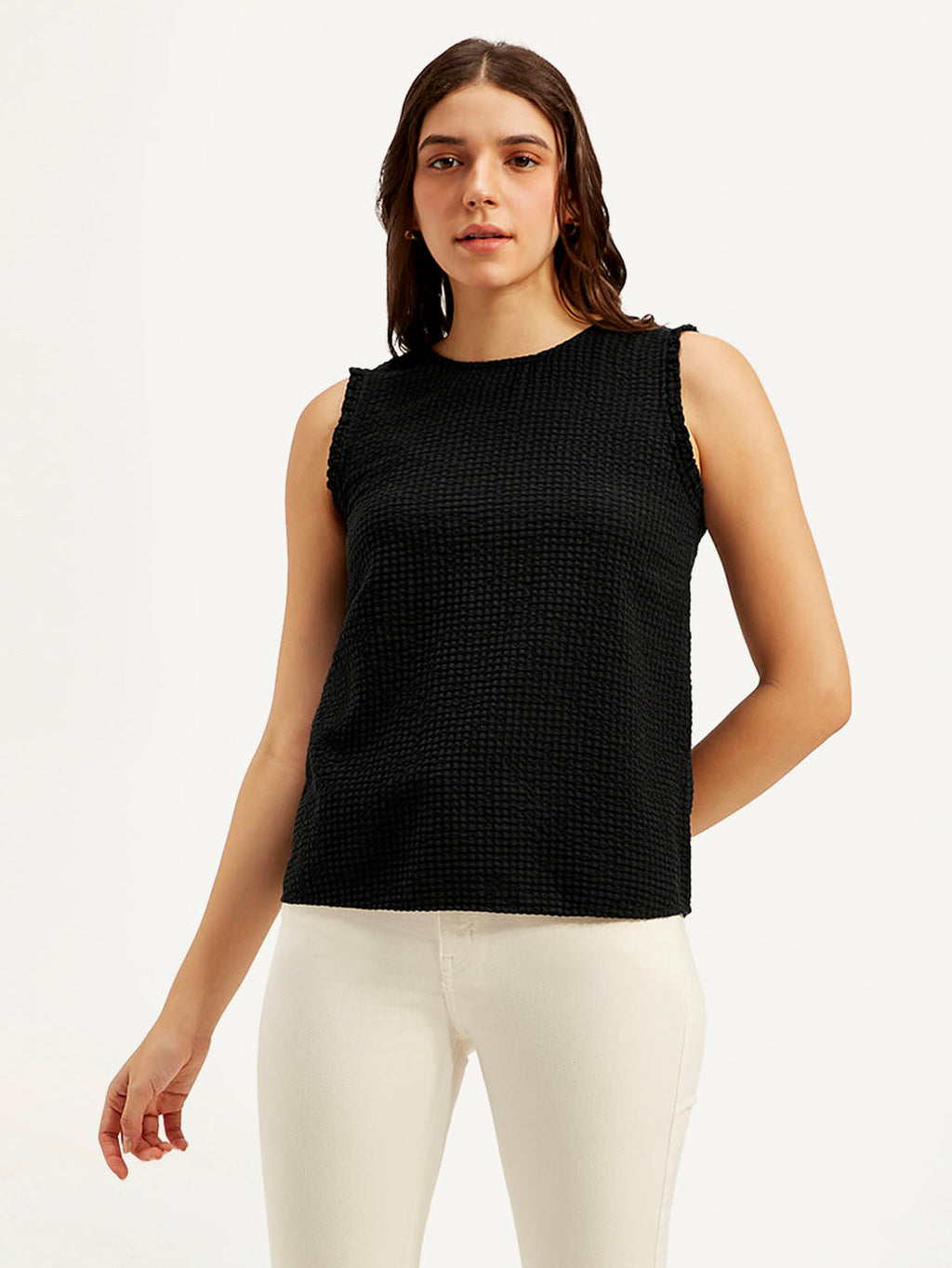 Women's Textured Black Round Neck Top