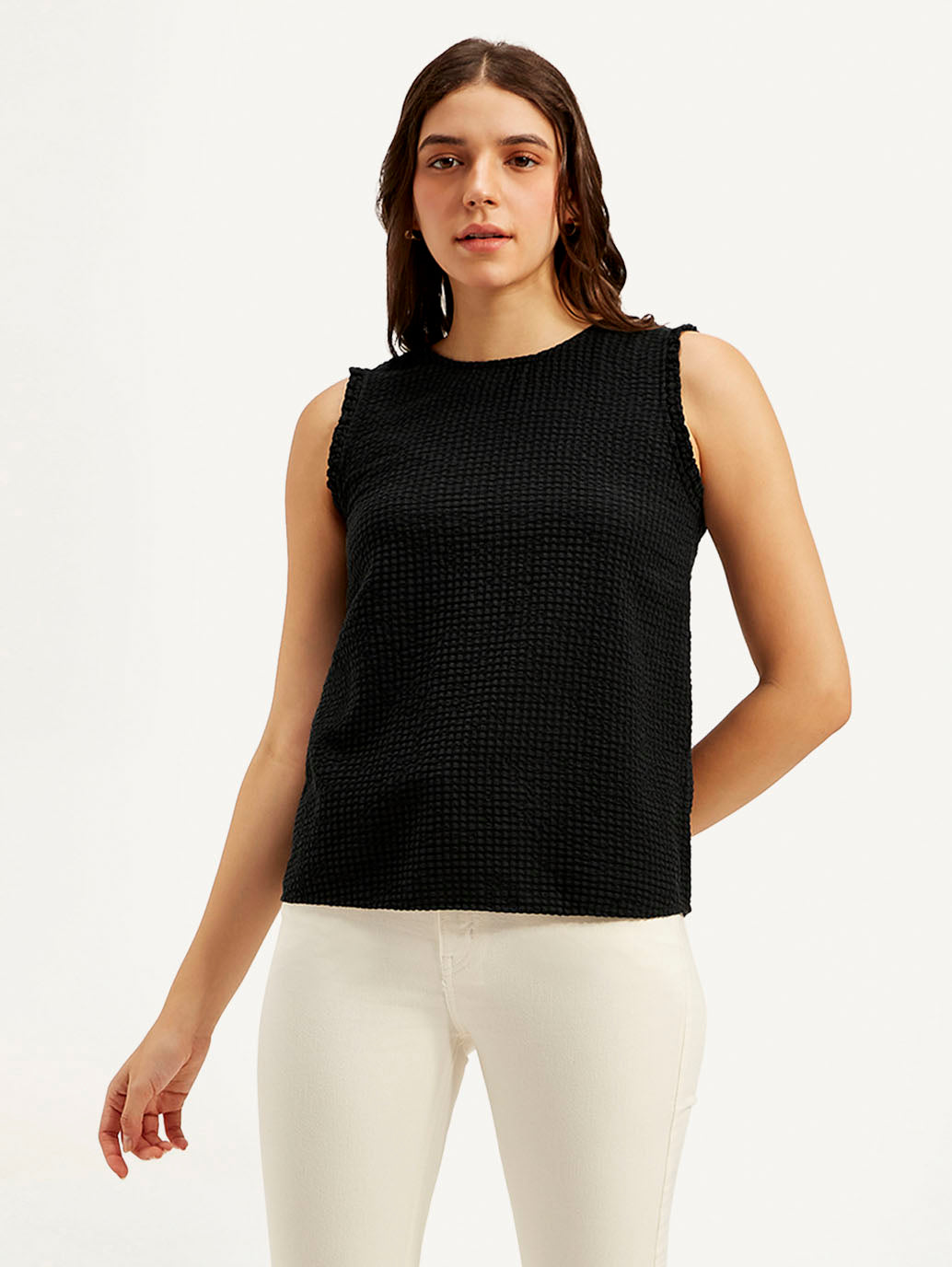Women's Textured Black Round Neck Top