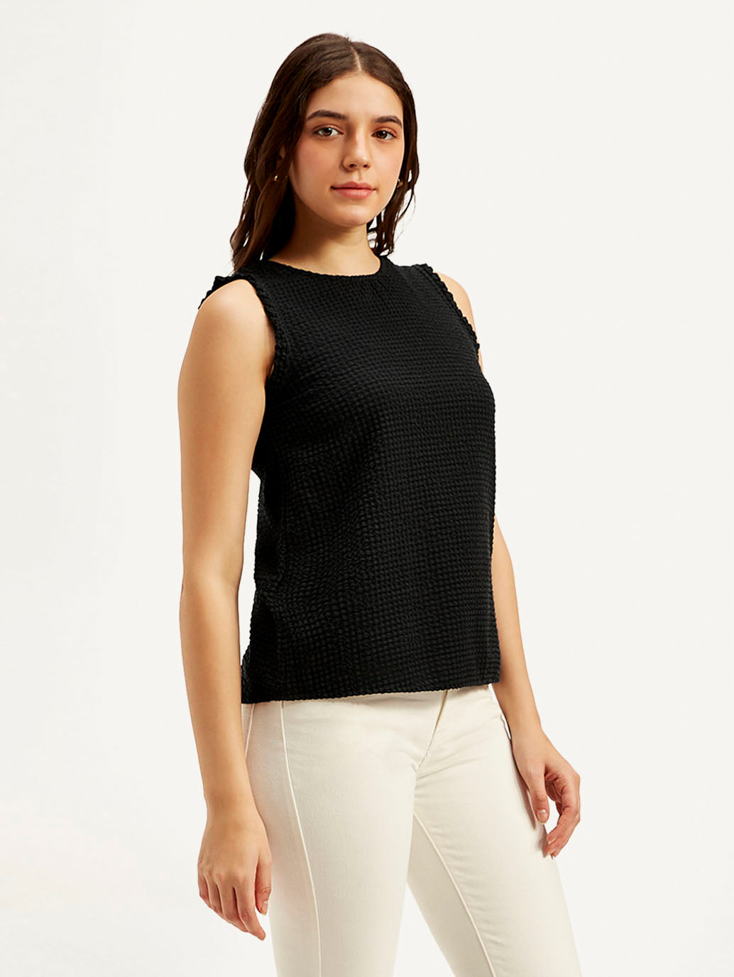 Women's Textured Black Round Neck Top