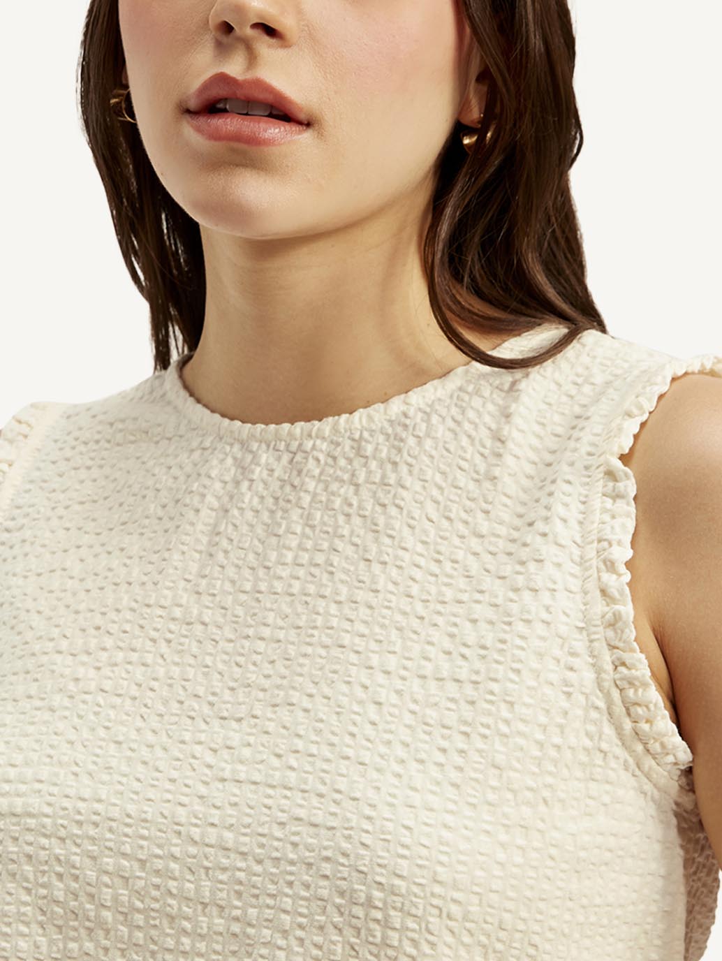 Women's Textured White Round Neck Top