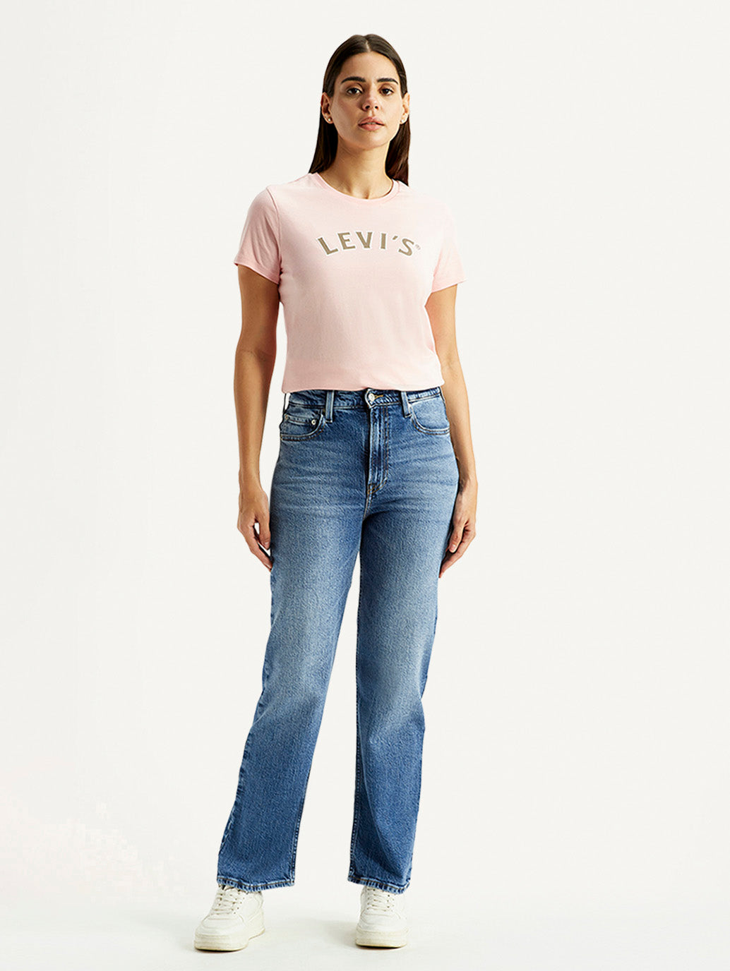 Women's Ribcage Straight Fit Med Indigo High Rise Jeans