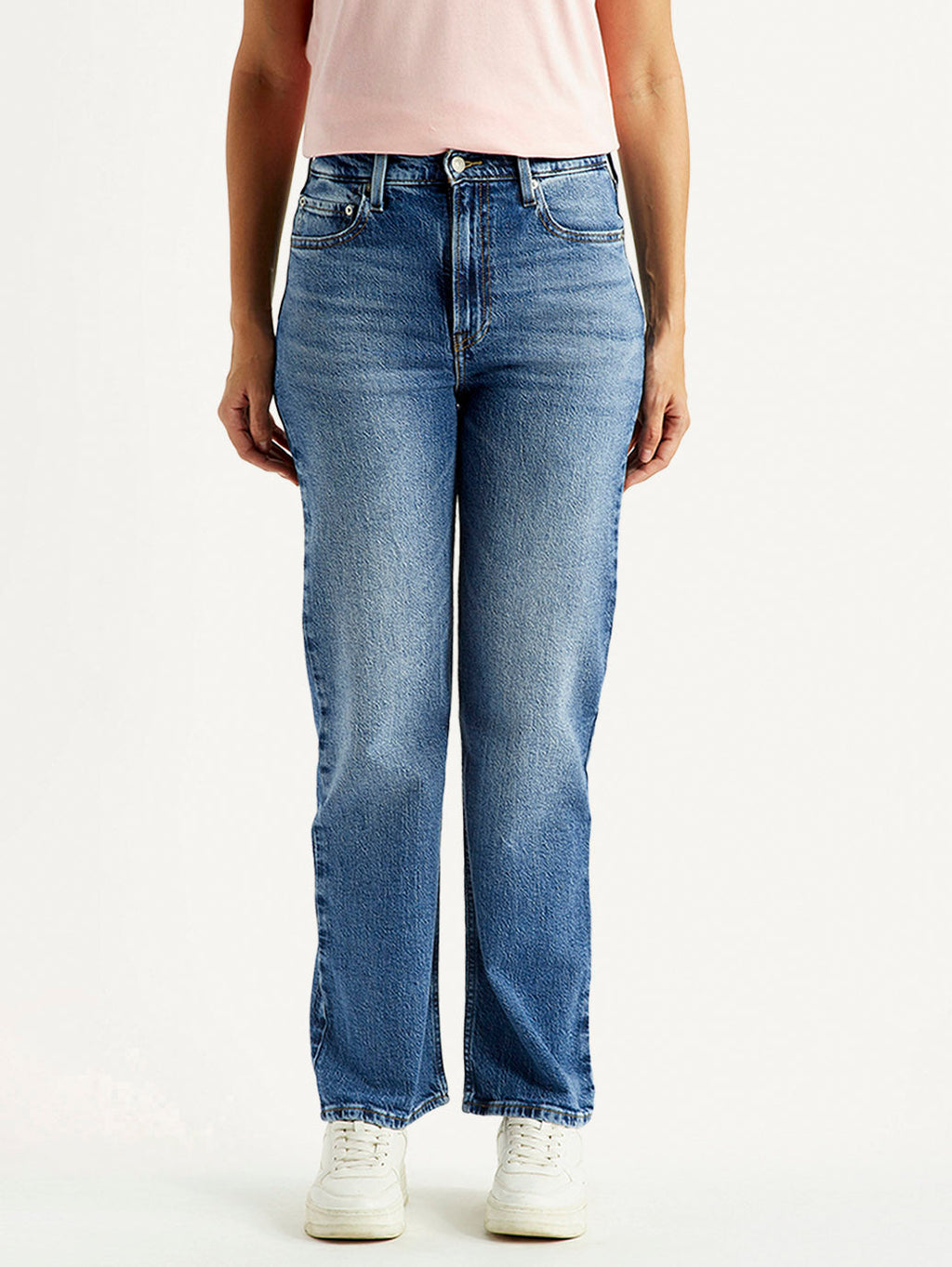 Women's Ribcage Straight Fit Med Indigo High Rise Jeans