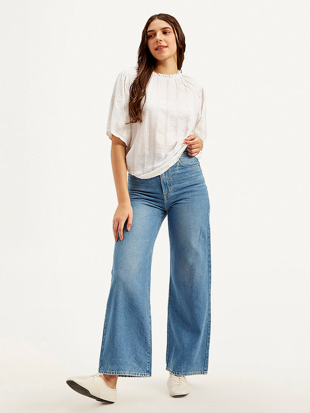 Women's Med Indigo Ribcage Bell Bottom Wide Leg Fit High Rise Jeans