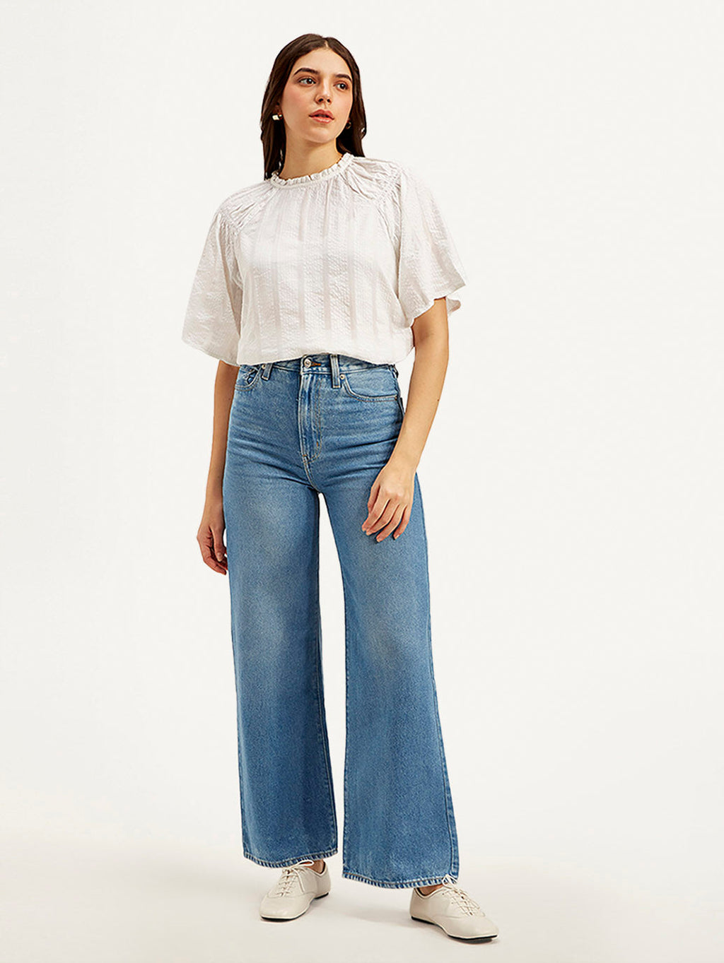 Women's Med Indigo Ribcage Bell Bottom Wide Leg Fit High Rise Jeans