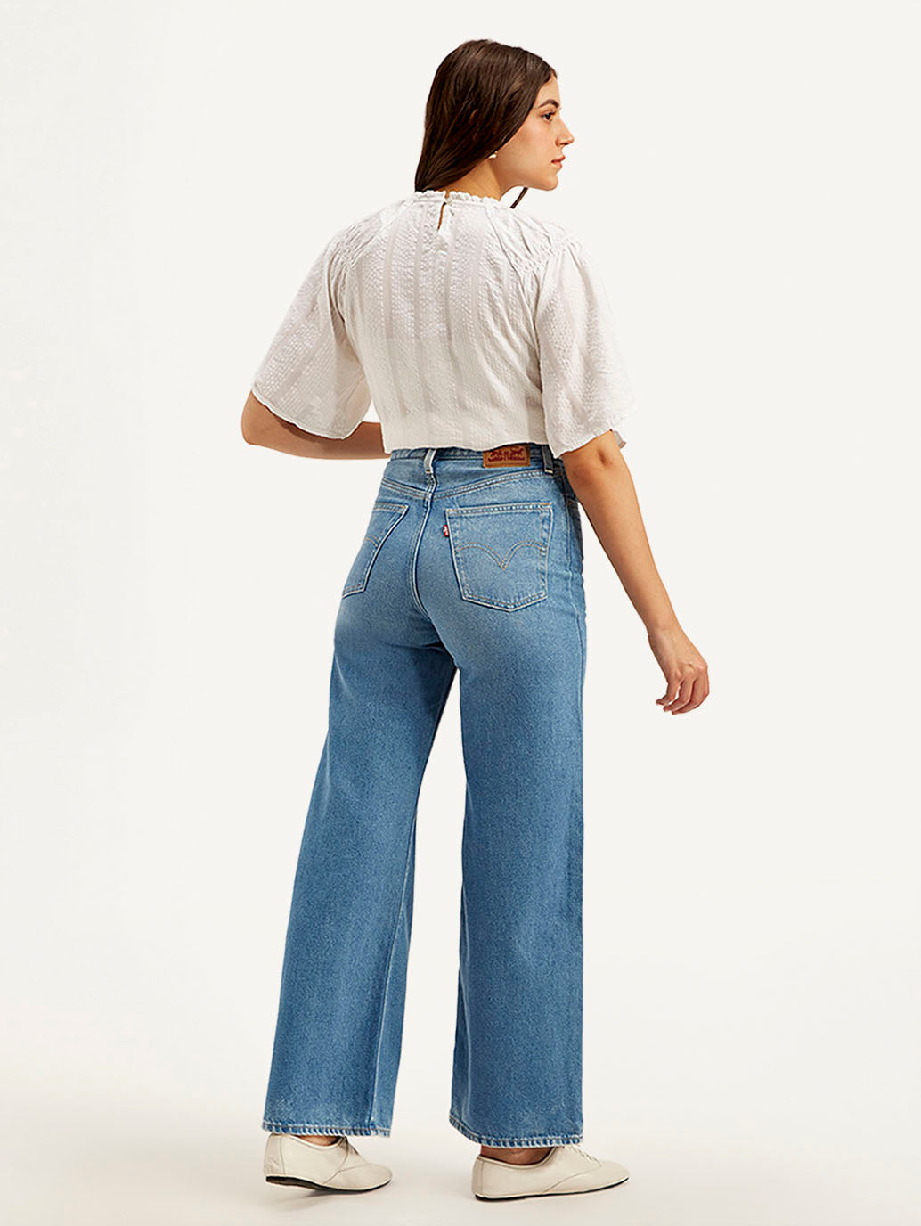 Women's Med Indigo Ribcage Bell Bottom Wide Leg Fit High Rise Jeans