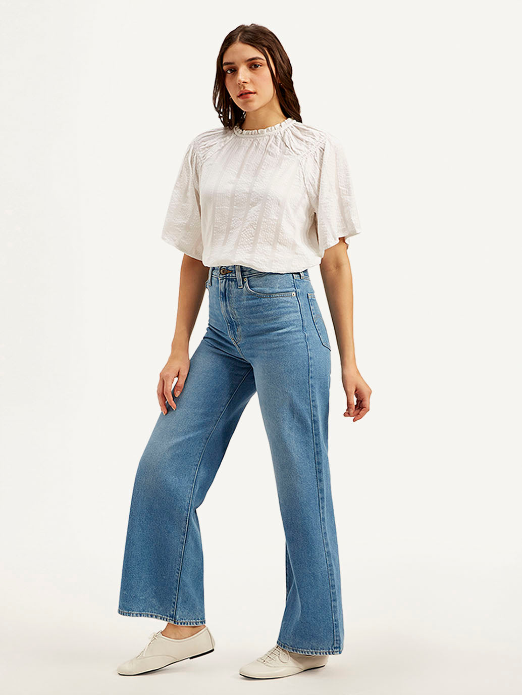 Women's Med Indigo Ribcage Bell Bottom Wide Leg Fit High Rise Jeans