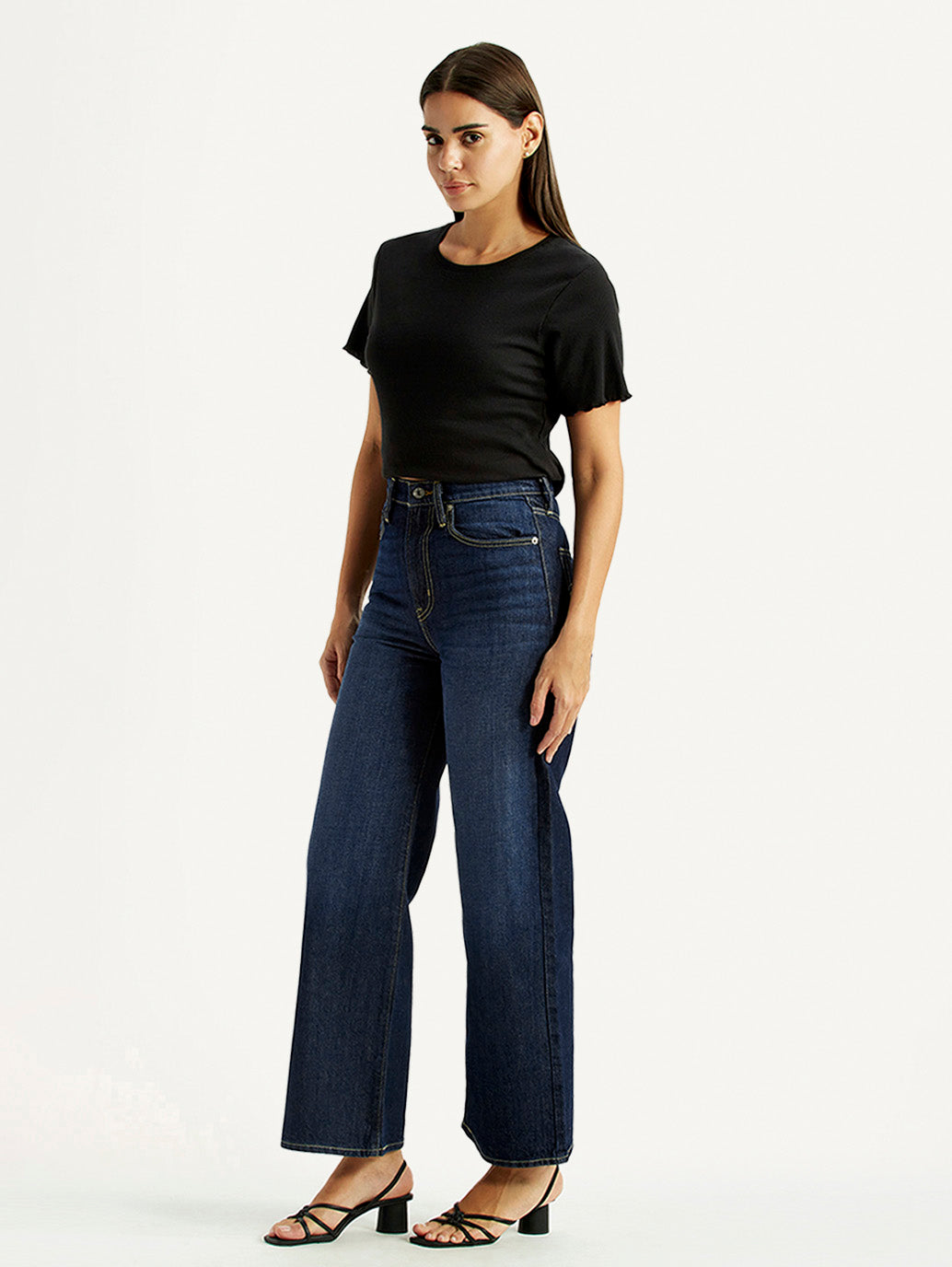 Women's Tinted Dark Indigo Ribcage Wide Leg Fit High Rise Jeans